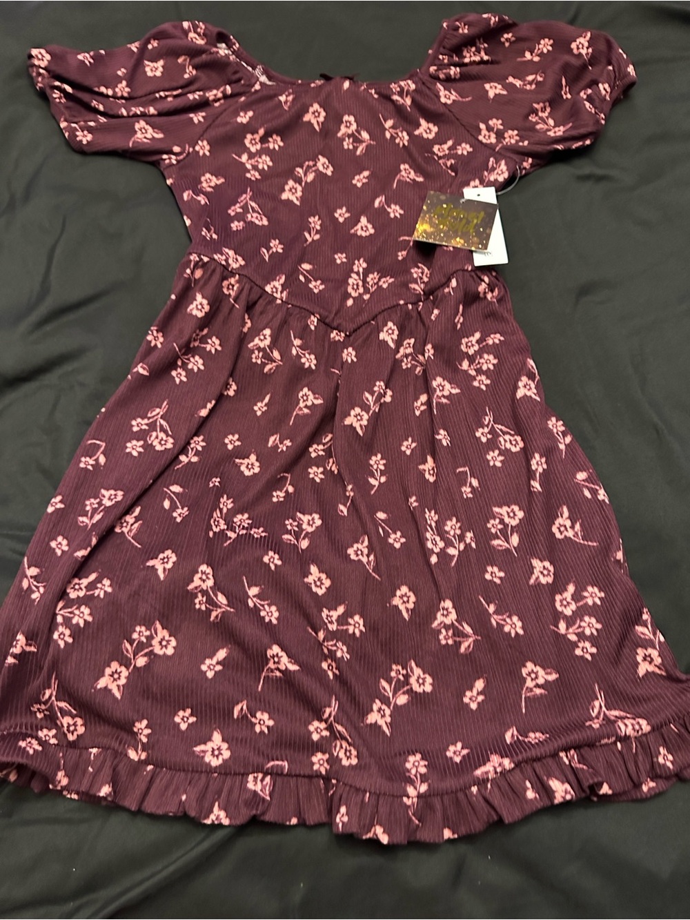Planet Gold Burgundy Floral Puff-Sleeve Dress with Pink Blossoms